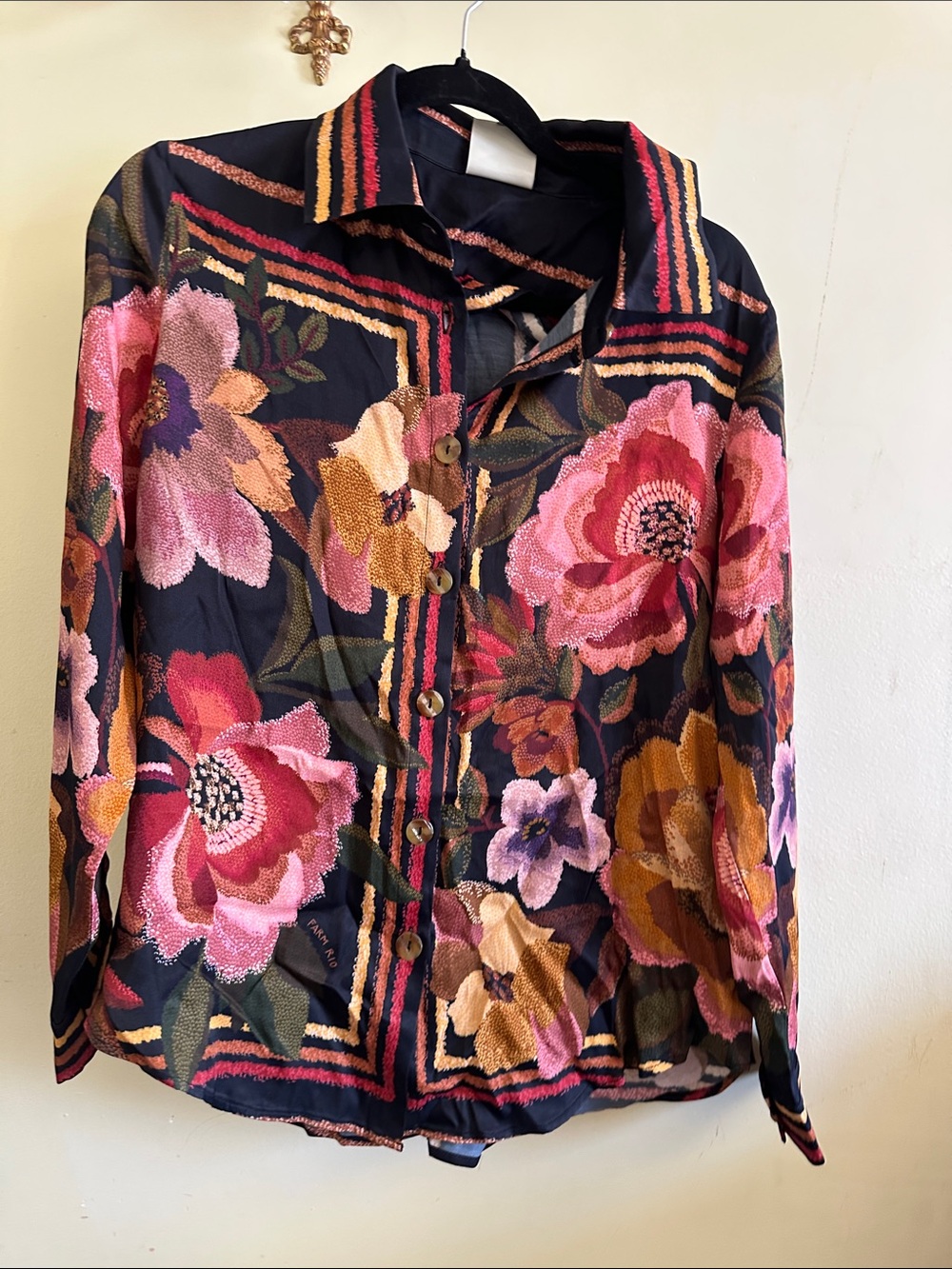 FARM Rio Black Button-Up Shirt with Pink & Orange Floral Accents
